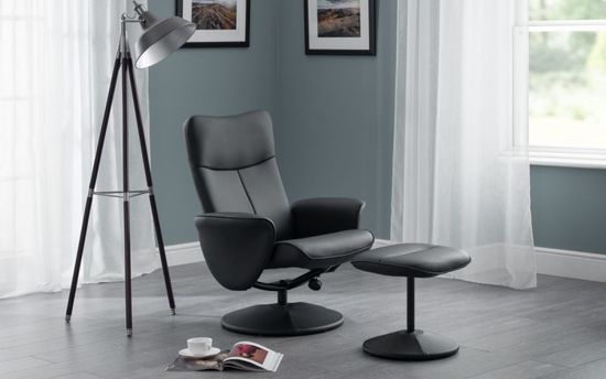 Lugano Black Faux Leather Recline Chair with Footstool