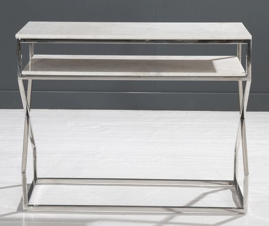 Clearance - Crossroad Marble Console Table, White Top with Stainless Steel Chrome Frame - Brand New Item