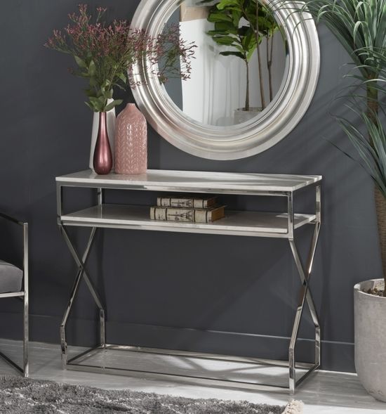 Clearance - Crossroad Marble Console Table, White Top with Stainless Steel Chrome Frame - Brand New Item