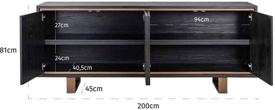Hunter Black Oak 200cm Extra Large Sideboard with Gold Trim