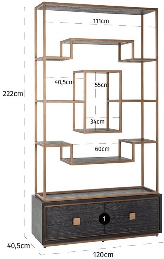 Hunter Black Oak Storage Shelving Unit with Gold Trim