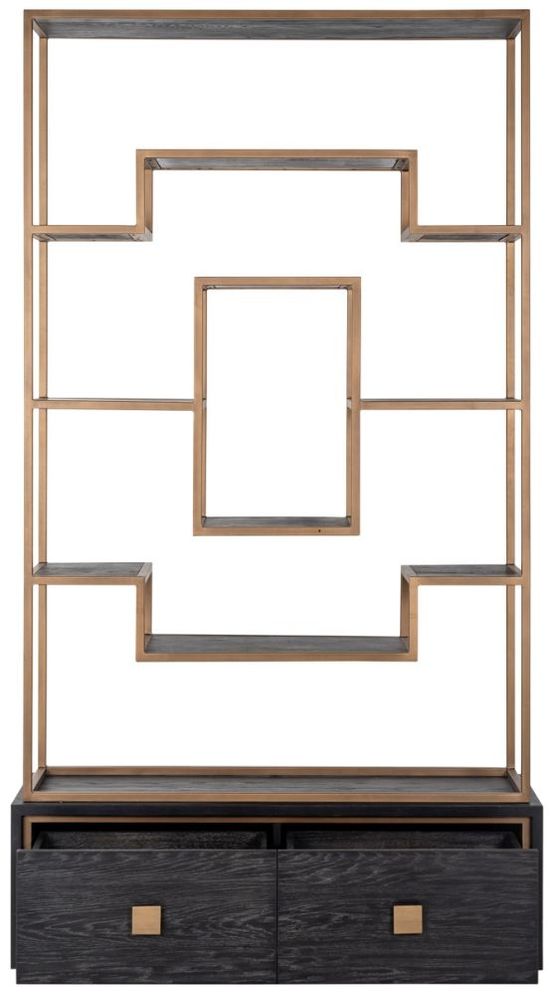 Hunter Black Oak Storage Shelving Unit with Gold Trim