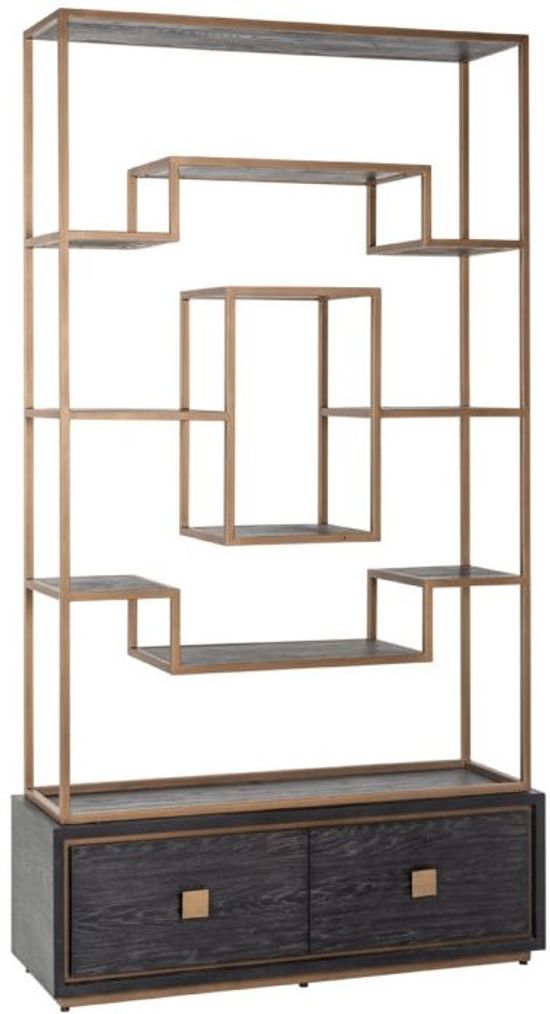 Hunter Black Oak Storage Shelving Unit with Gold Trim