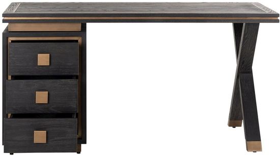 Hunter Black Oak 3 Drawer Desk with Gold Trim