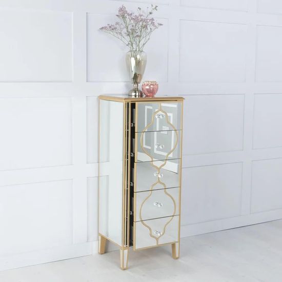 Casablanca Mirrored Gold Trim 5 Drawer Narrow Chest