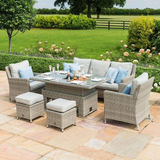 Maze Oxford Grey Rattan Sofa Rising Table with Ice Bucket Garden Dining Set