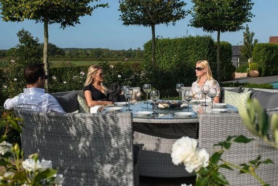 Maze Ascot Grey Rattan Sofa Round Rising Table Garden Dining Set