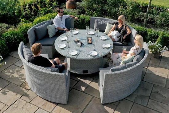 Maze Ascot Grey Rattan Sofa Round Rising Table Garden Dining Set