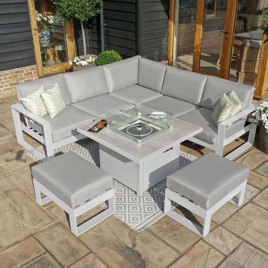 Maze Amalfi White Square Fire Pit Table Corner Garden Dining Set with Footstools