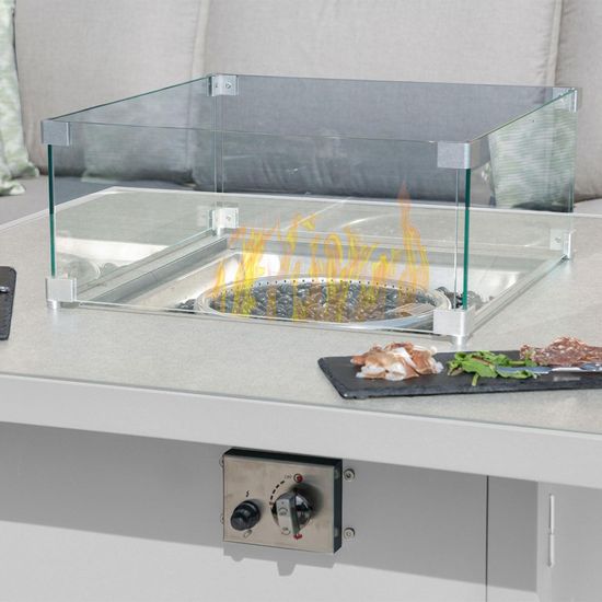 Maze Amalfi White Square Fire Pit Table Corner Garden Dining Set with Footstools