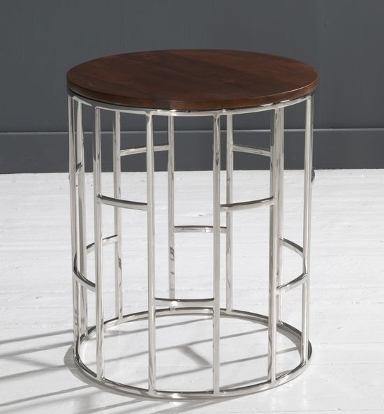 Clearance - Zion Round Chrome Side Table with Mango Wood Top - Brand New Item