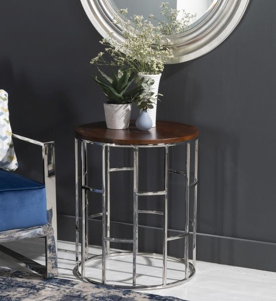 Clearance - Zion Round Chrome Side Table with Mango Wood Top - Brand New Item