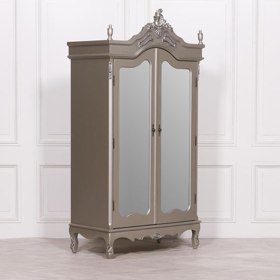 French Style Antique Silver 2 Door Mirror Armoire Wardrobe