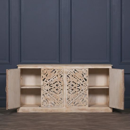 Ornate Mango Wood Carved 4 Door Large Sideboard - 190cm