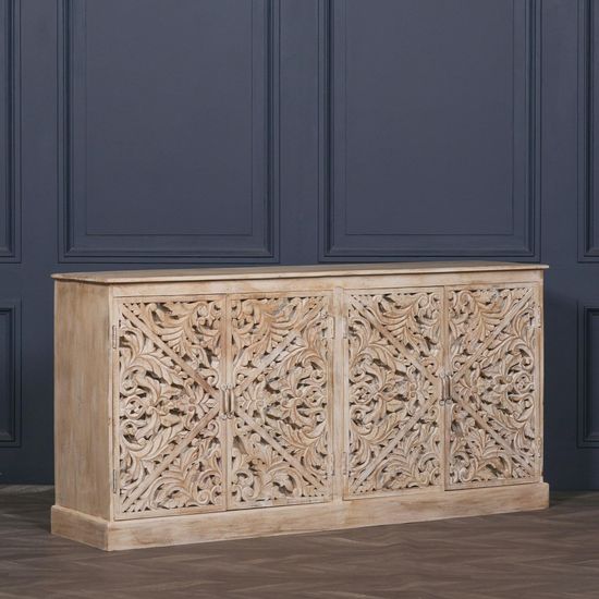 Ornate Mango Wood Carved 4 Door Large Sideboard - 190cm
