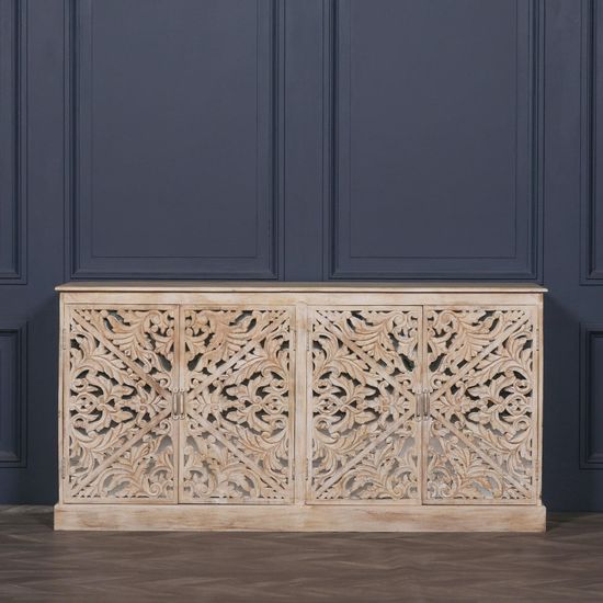 Ornate Mango Wood Carved 4 Door Large Sideboard - 190cm