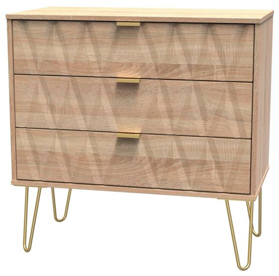 Diamond Oak Effect 3 Drawer Small Chest with Gold Hairpin Legs