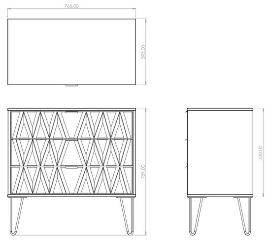 Diamond Oak Effect 3 Drawer Small Chest with Gold Hairpin Legs