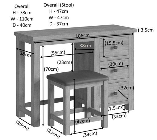 Original Rustic Oak 3 Drawer Single Dressing Table Set