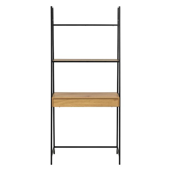 Seaford Oak and Black Metal Open Shelving Unit with Drawer