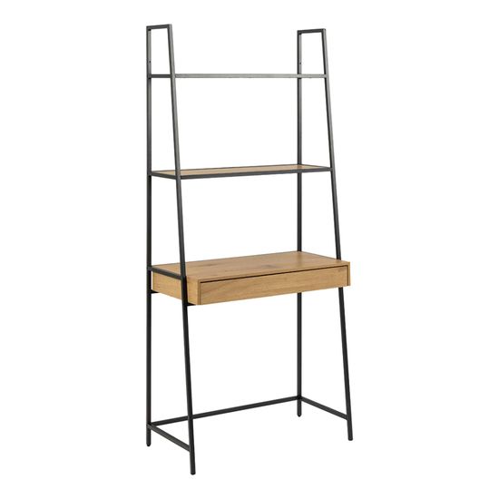 Seaford Oak and Black Metal Open Shelving Unit with Drawer