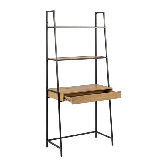 Seaford Oak and Black Metal Open Shelving Unit with Drawer