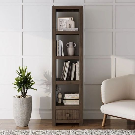 Clearance - Dakota Mango Wood Narrow Bookshelf, Indian Dark Walnut Rustic Finish, 1 Drawer Bottom Storage Shelving Unit - Open Display Unit - Brand New Item