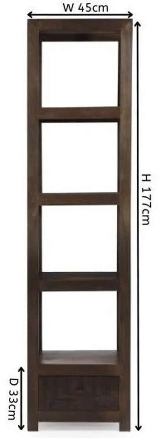 Clearance - Dakota Mango Wood Narrow Bookshelf, Indian Dark Walnut Rustic Finish, 1 Drawer Bottom Storage Shelving Unit - Open Display Unit - Brand New Item