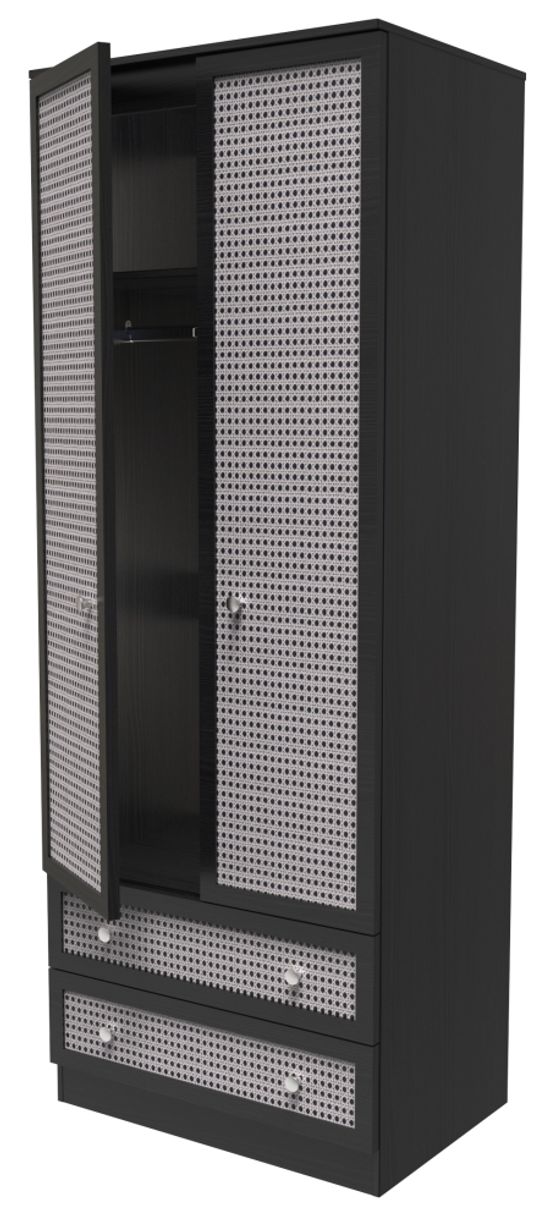 Rattan and Black Ash 2 Door 2 Drawer Tall Wardrobe