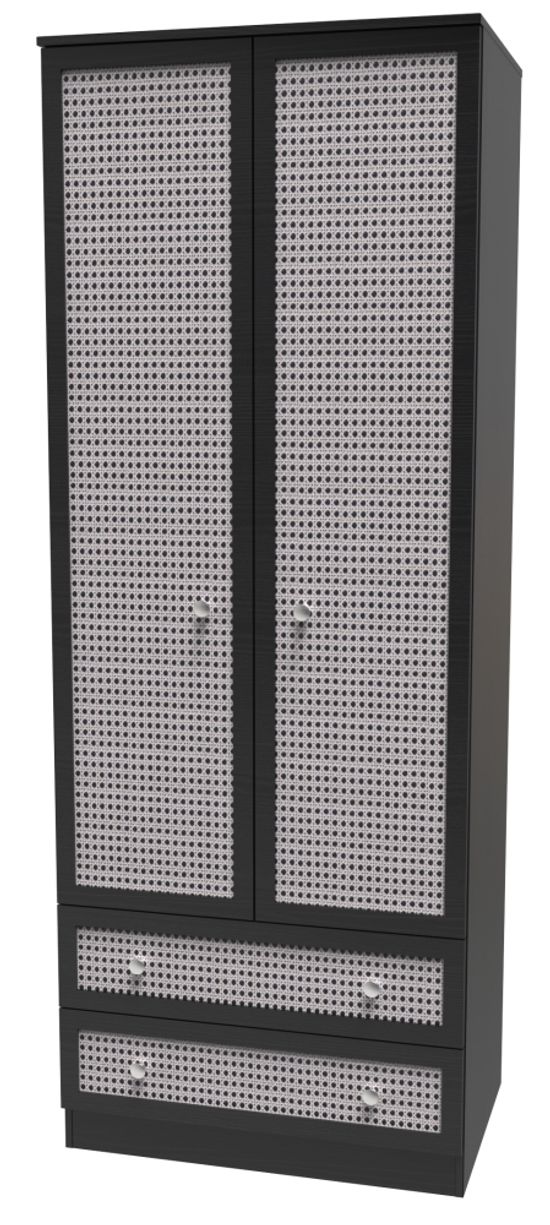 Rattan and Black Ash 2 Door 2 Drawer Tall Wardrobe
