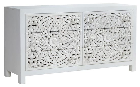 Boho White Carved Wooden 6 Drawer Chest