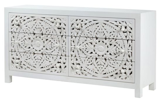 Boho White Carved Wooden 6 Drawer Chest