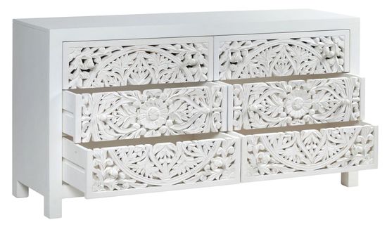 Boho White Carved Wooden 6 Drawer Chest