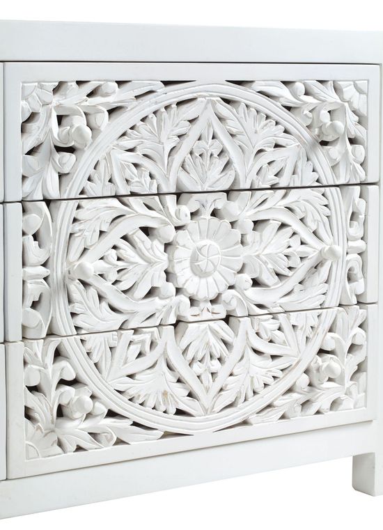 Boho White Carved Wooden 6 Drawer Chest