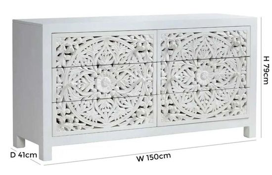Boho White Carved Wooden 6 Drawer Chest