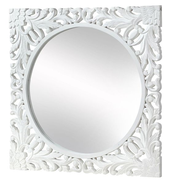 Boho White Carved Wooden Square Wall Mirror - 110cm x 110cm