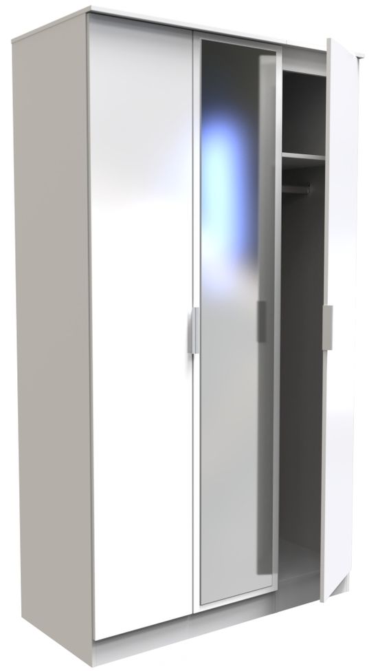 Plymouth White Gloss 3 Door Tall Triple Wardrobe - 1 Mirror