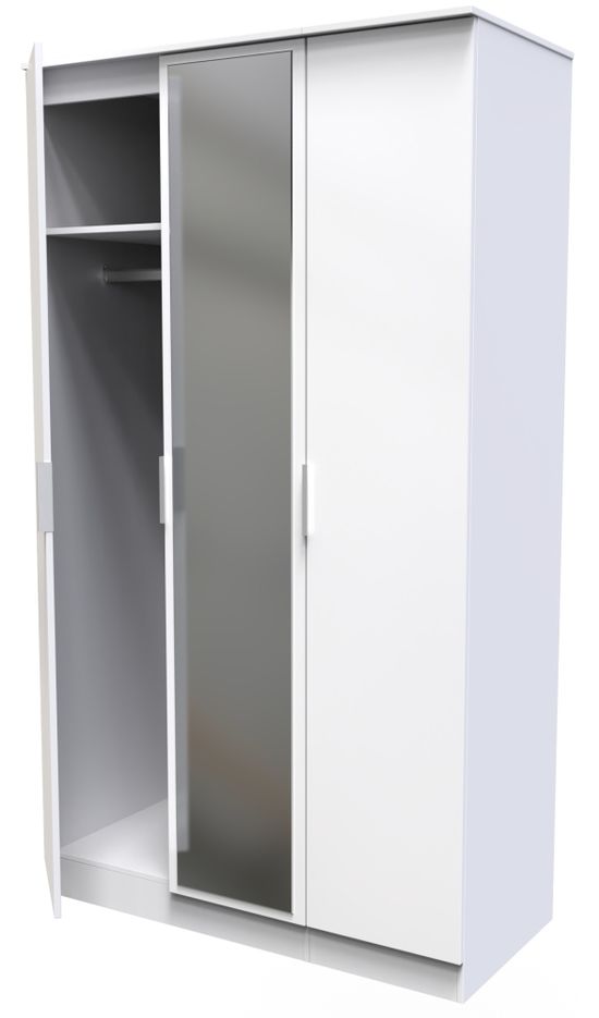 Plymouth White Gloss 3 Door Tall Triple Wardrobe - 1 Mirror