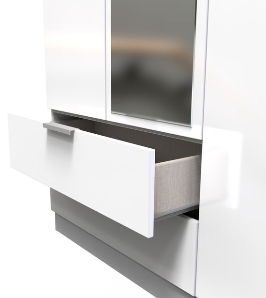 Plymouth White Gloss 3 Door Tall Combi Wardrobe - 1 Mirror and LHF 2 Drawers