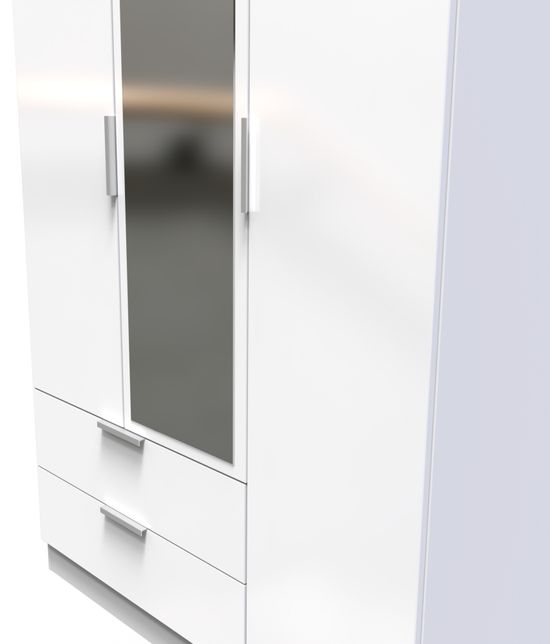 Plymouth White Gloss 3 Door Tall Combi Wardrobe - 1 Mirror and LHF 2 Drawers