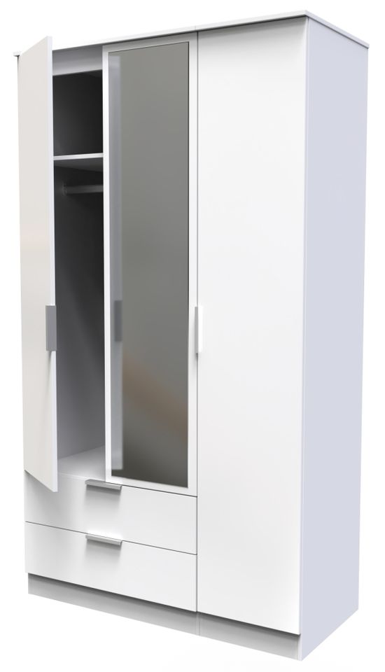 Plymouth White Gloss 3 Door Tall Combi Wardrobe - 1 Mirror and LHF 2 Drawers