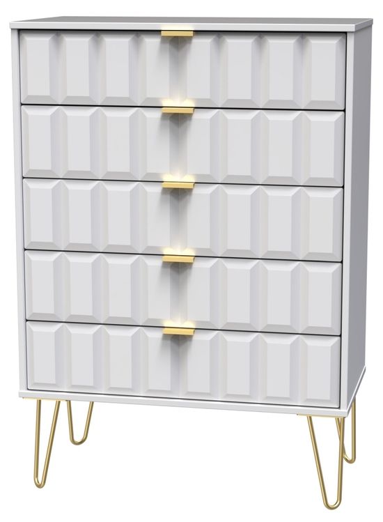 Cube White 5 Drawer Chest with Gold Hairpin Legs