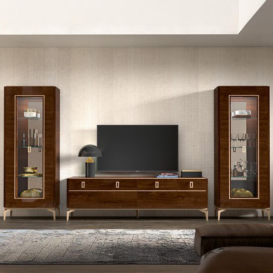 Modern Eva Walnut Italian 1 Glass Door Vitrine with Gold Trim