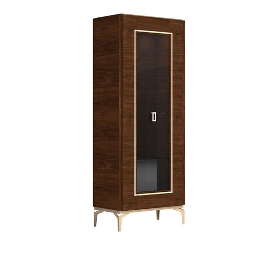 Modern Eva Walnut Italian 1 Glass Door Vitrine with Gold Trim