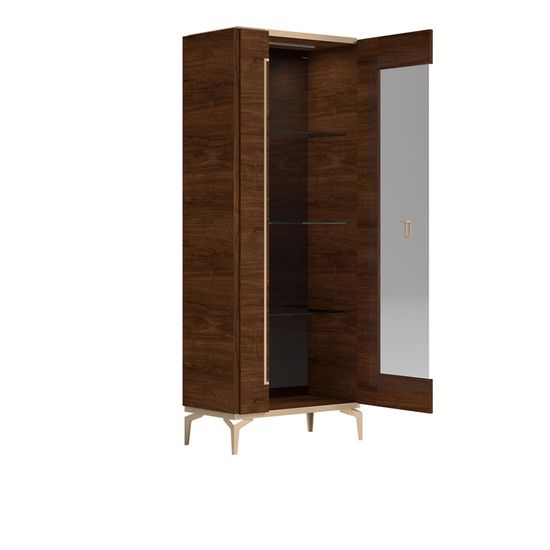 Modern Eva Walnut Italian 1 Glass Door Vitrine with Gold Trim
