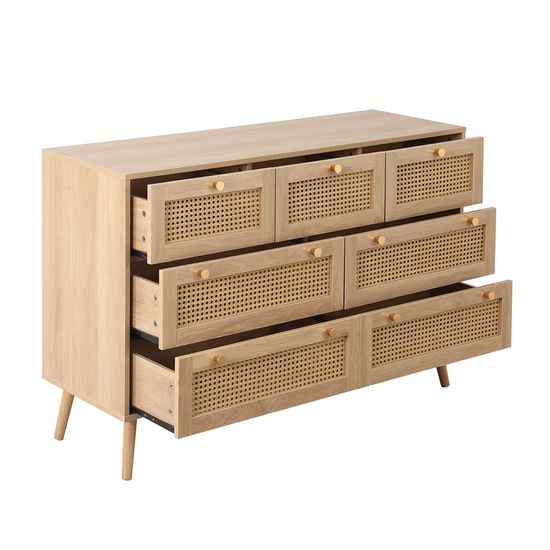 Croxley Oak and Rattan Wide 7 Drawer Chest