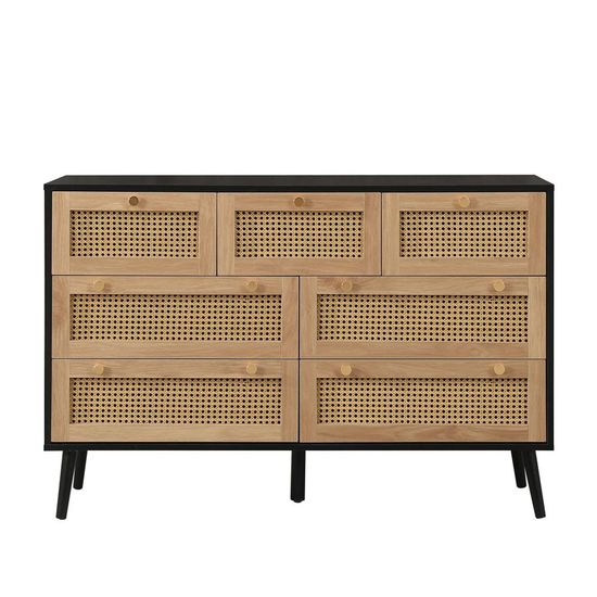 Croxley Black and Rattan Wide 7 Drawer Chest