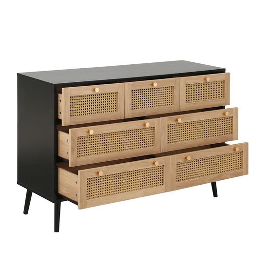 Croxley Black and Rattan Wide 7 Drawer Chest