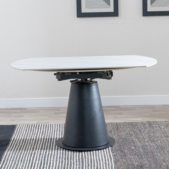 Carrara 4-6 Seater White Ceramic Round Swivel Motion Extending Dining Table with Black Pedestal Base - 135cm