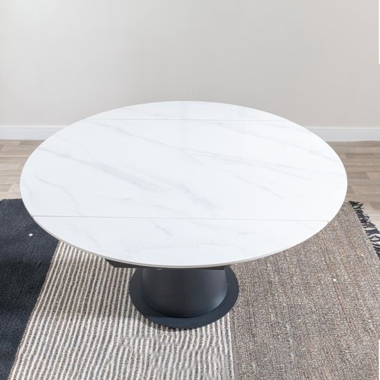 Carrara 4-6 Seater White Ceramic Round Swivel Motion Extending Dining Table with Black Pedestal Base - 135cm